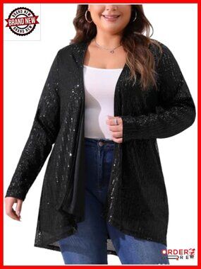 Womens Plus Size Sequin Glitter Cardigan Long Sleeve Shimmer Jacket